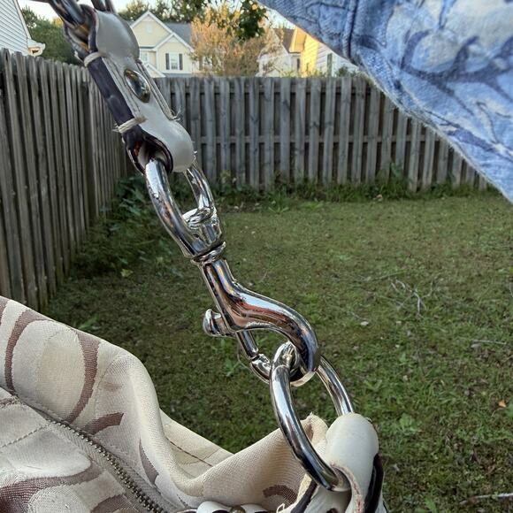 Coach Purse Carly Tote Bag Tan Jacquard C Pattern With White Leather Trim - Picture 14 of 16